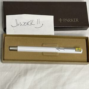 Vintage Parker Ballpoint Pen White Chrome Arrow Accent Black Ink Original Box